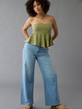 American Eagle Curvy Dreamy Drape Baggy Wide Leg Light Blue Jeans Size 18 NWT